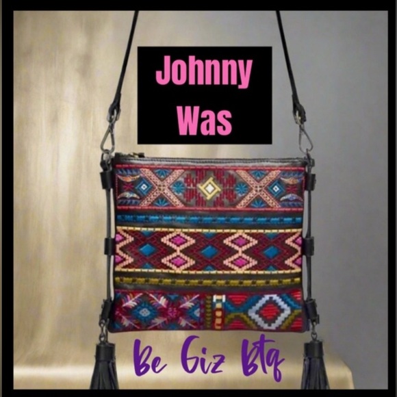 🔥🔥Johnny Was Zipped Crossbody Black Leather And Embroidery Design Tassel Bag NWT